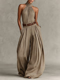 Caterina | Jumpsuit taupe de pierna ancha con cuello halter estilo boho