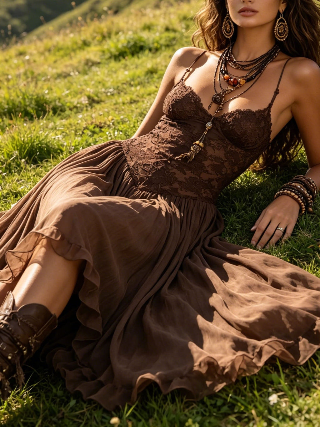 Federica | Vestido Maxi de Chifón y Encaje, Café