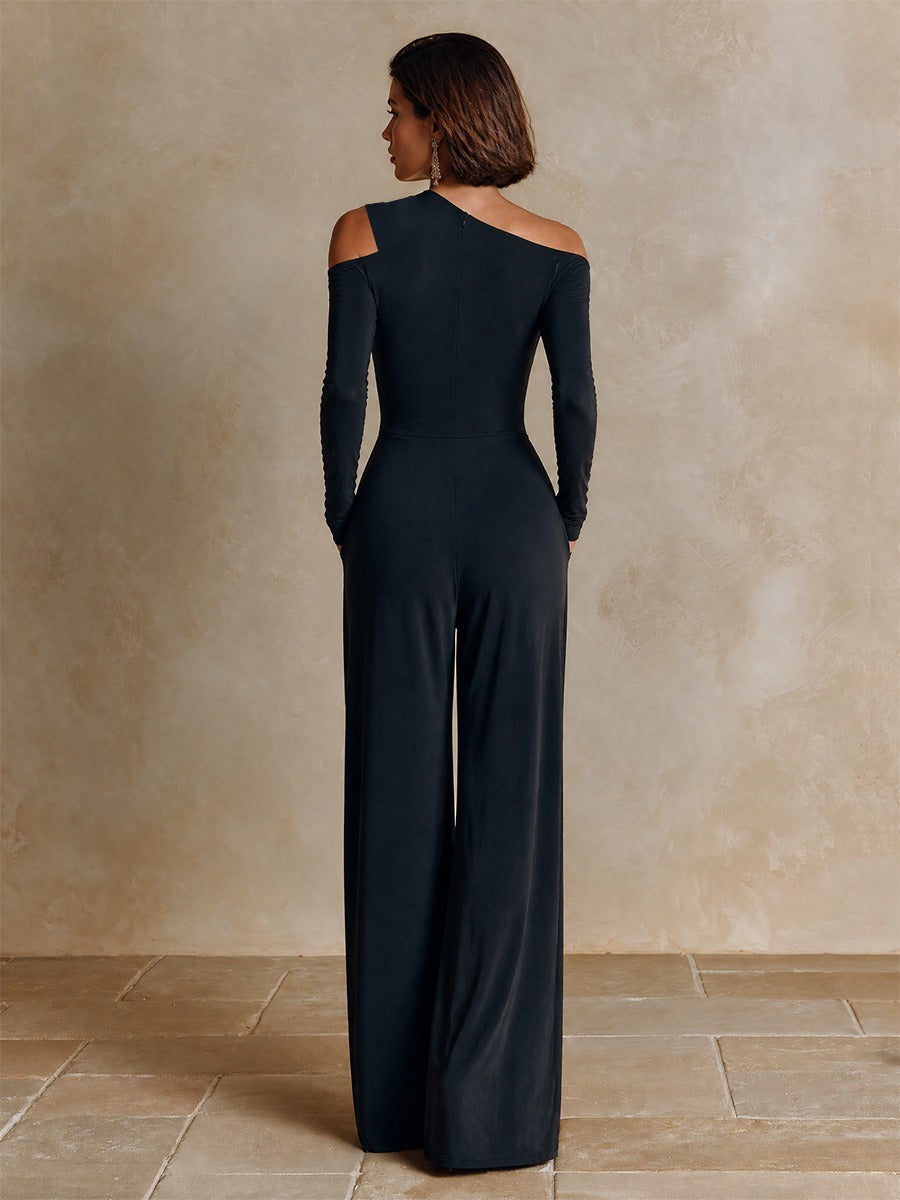 Dafne | Jumpsuit de Un Solo Hombro con Drapeado y Pierna Ancha, Negro