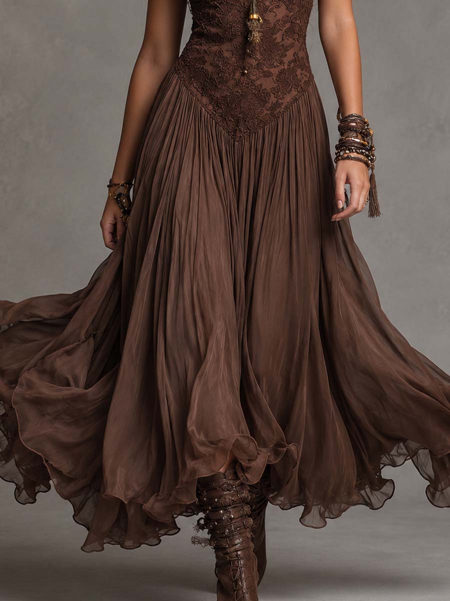 Federica | Vestido Maxi de Chifón y Encaje, Café