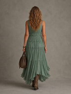 Avril | Vestido largo plisado con escote en V fruncido