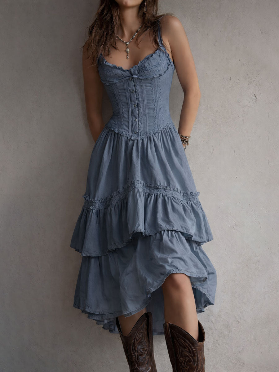 Marisela | Vestido midi con corsé, olanes escalonados y encaje