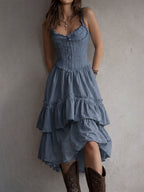 Marisela | Vestido midi con corsé, olanes escalonados y encaje