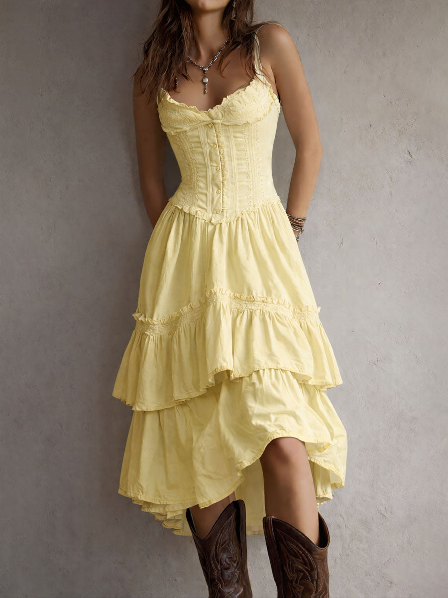 Marisela | Vestido midi con corsé, olanes escalonados y encaje