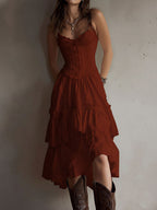 Marisela | Vestido midi con corsé, olanes escalonados y encaje