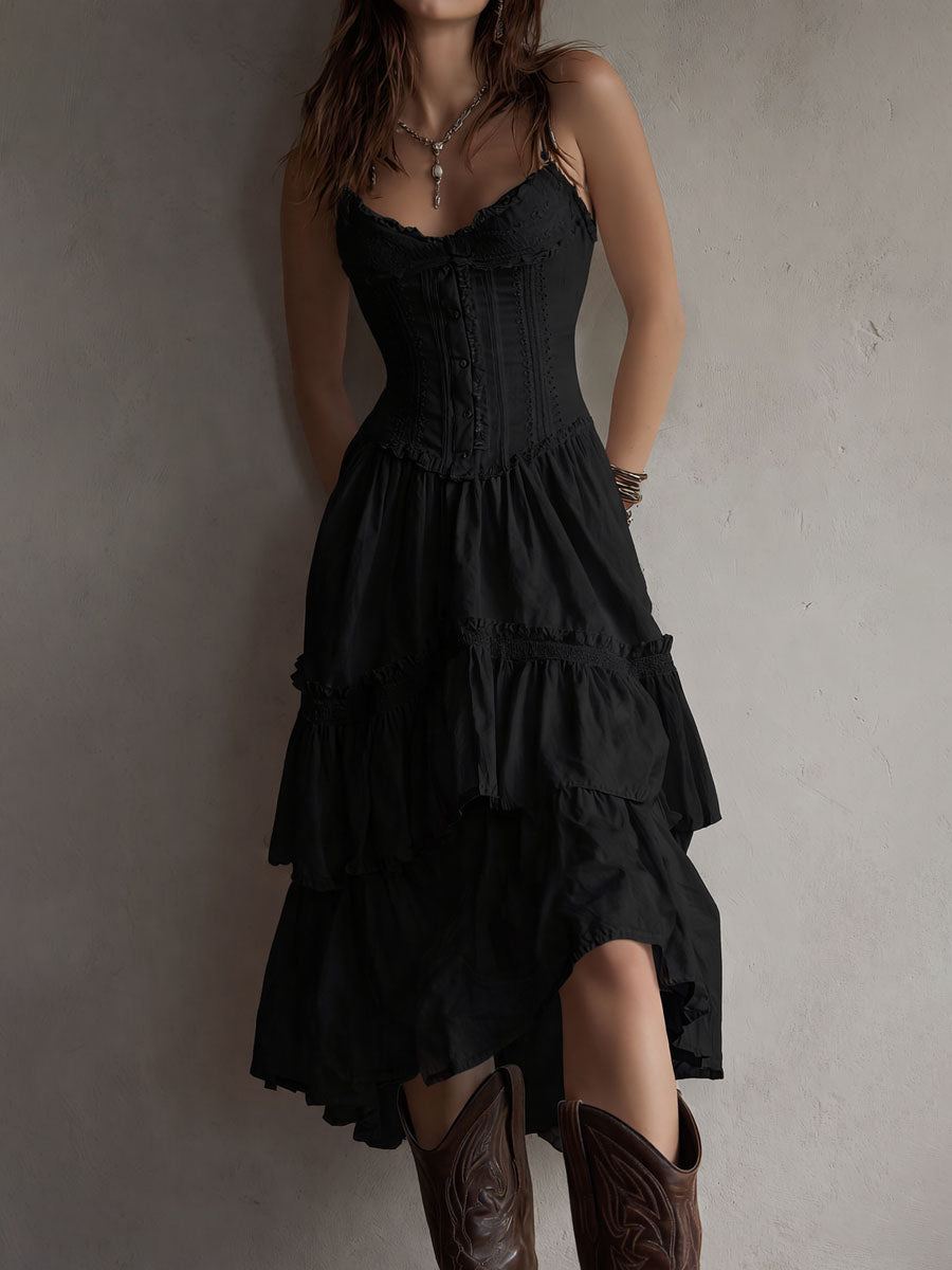 Marisela | Vestido midi con corsé, olanes escalonados y encaje