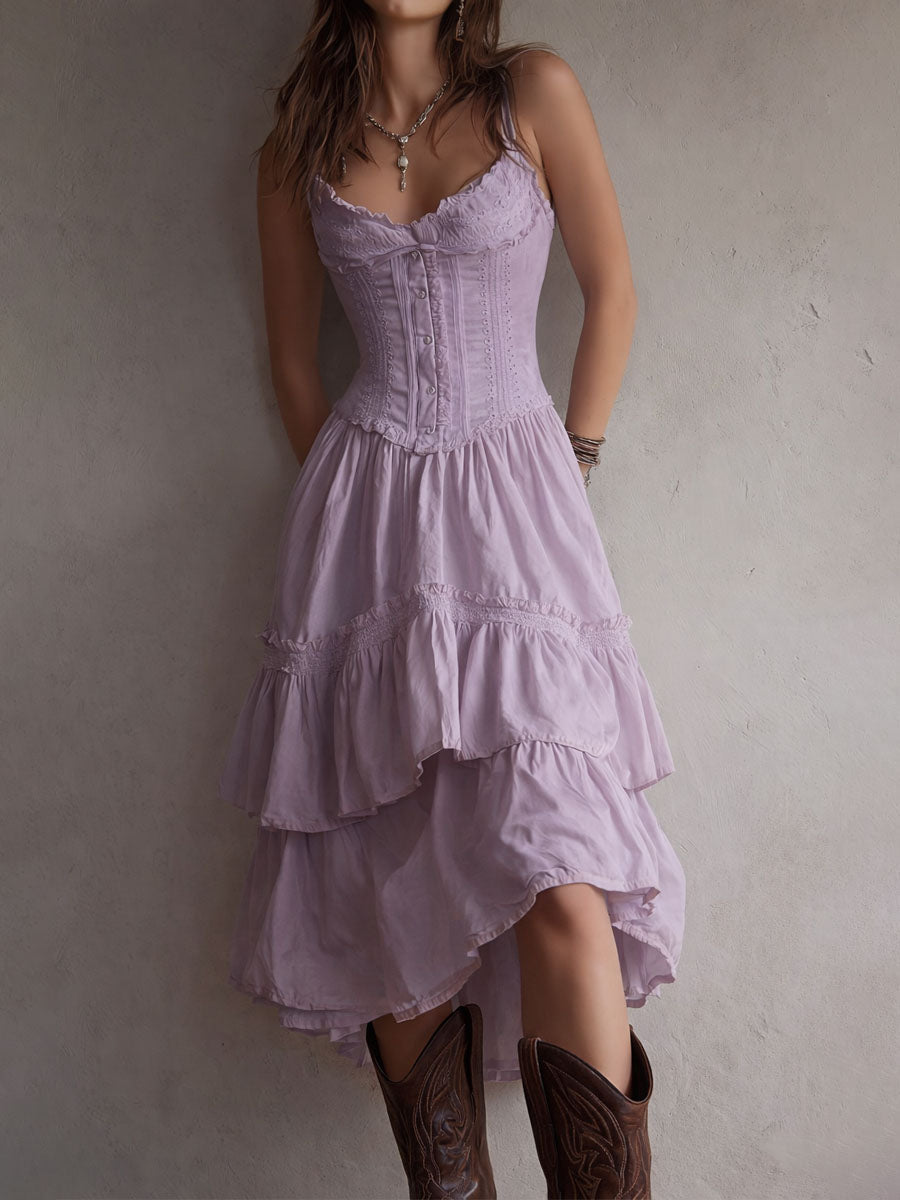 Marisela | Vestido midi con corsé, olanes escalonados y encaje
