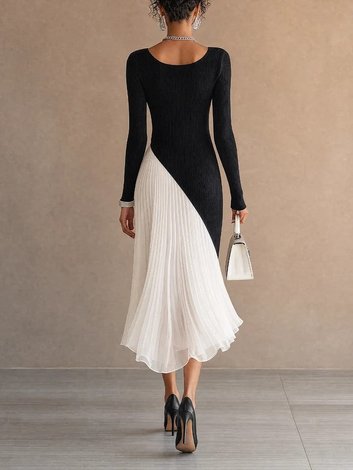 Iris | Vestido Midi Asimétrico de Chifón Plisado, Blanco y Negro
