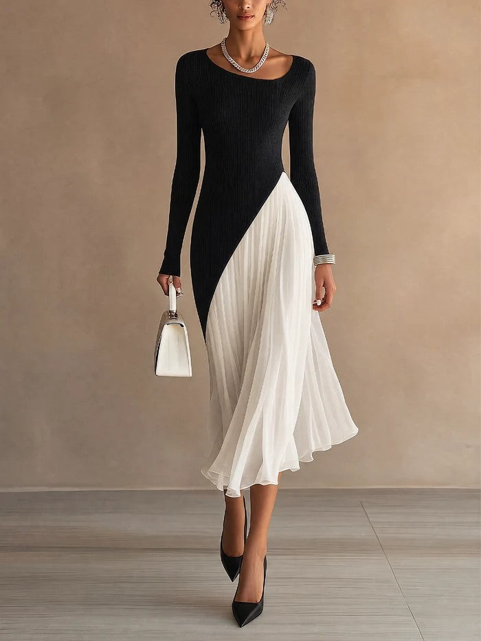 Iris | Vestido Midi Asimétrico de Chifón Plisado, Blanco y Negro