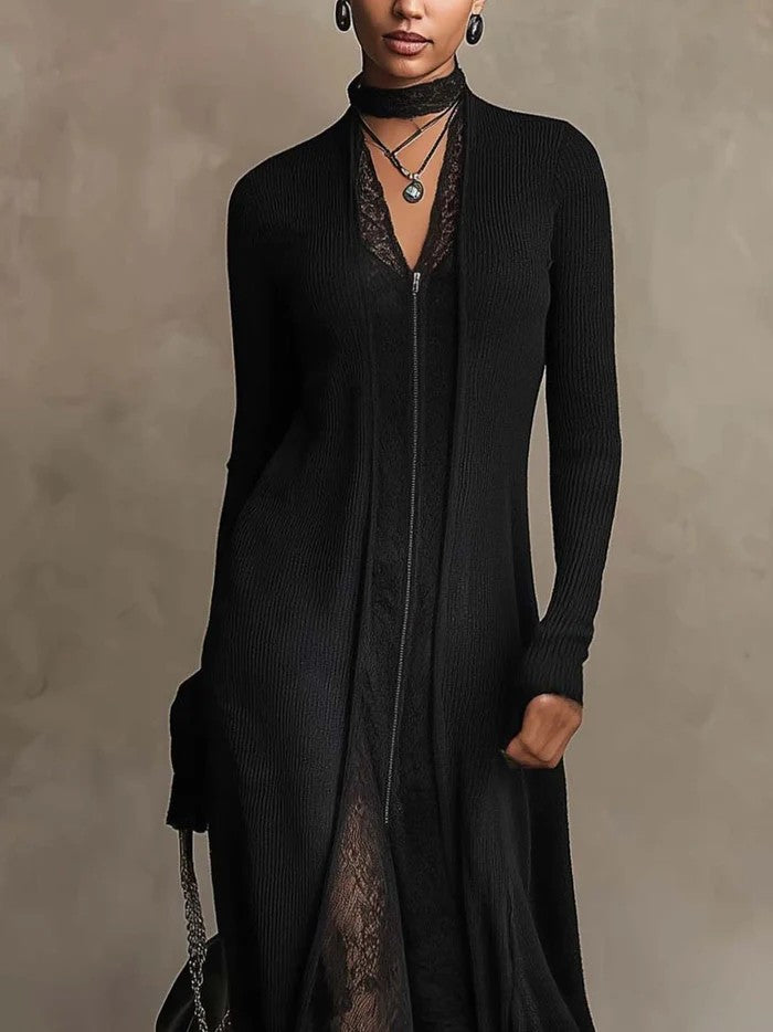 Nerissa | Vestido Maxi de Punto Acanalado con Encaje, Negro