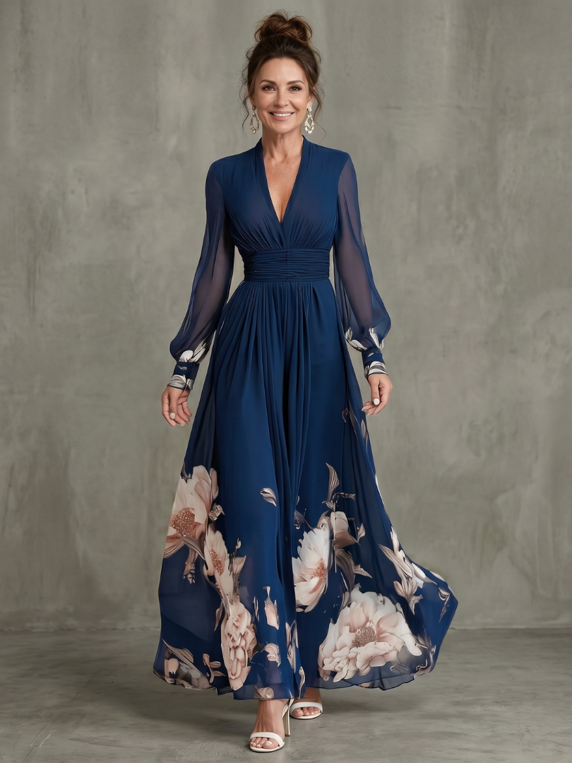 Ziva | Vestido maxi plisado con mangas transparentes