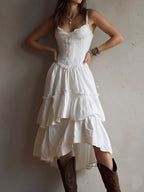 Marisela | Vestido midi con corsé, olanes escalonados y encaje