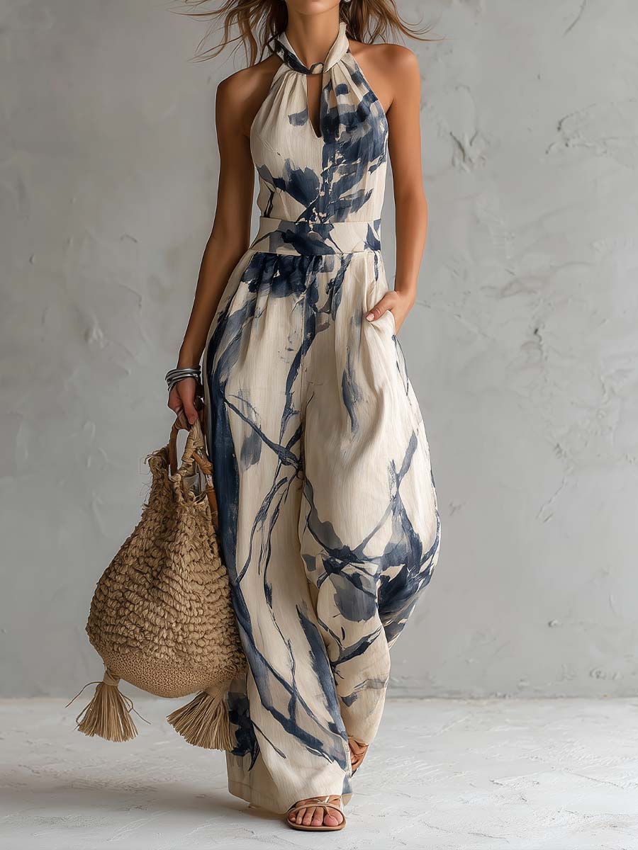Sabrina | Jumpsuit estampado de pierna ancha con cuello halter