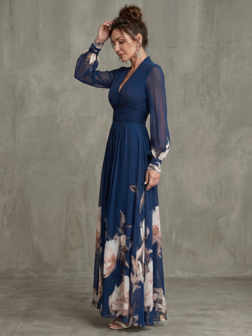 Ziva | Vestido maxi plisado con mangas transparentes