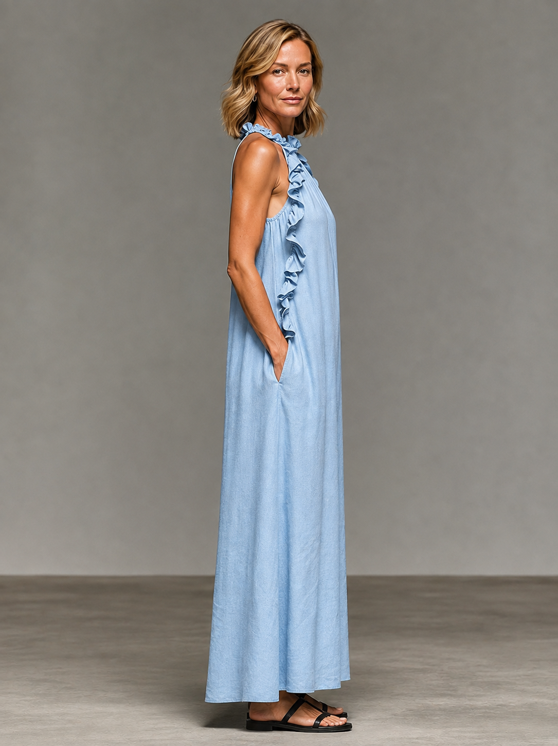 Emmy | Vestido largo sin mangas con olanes suaves