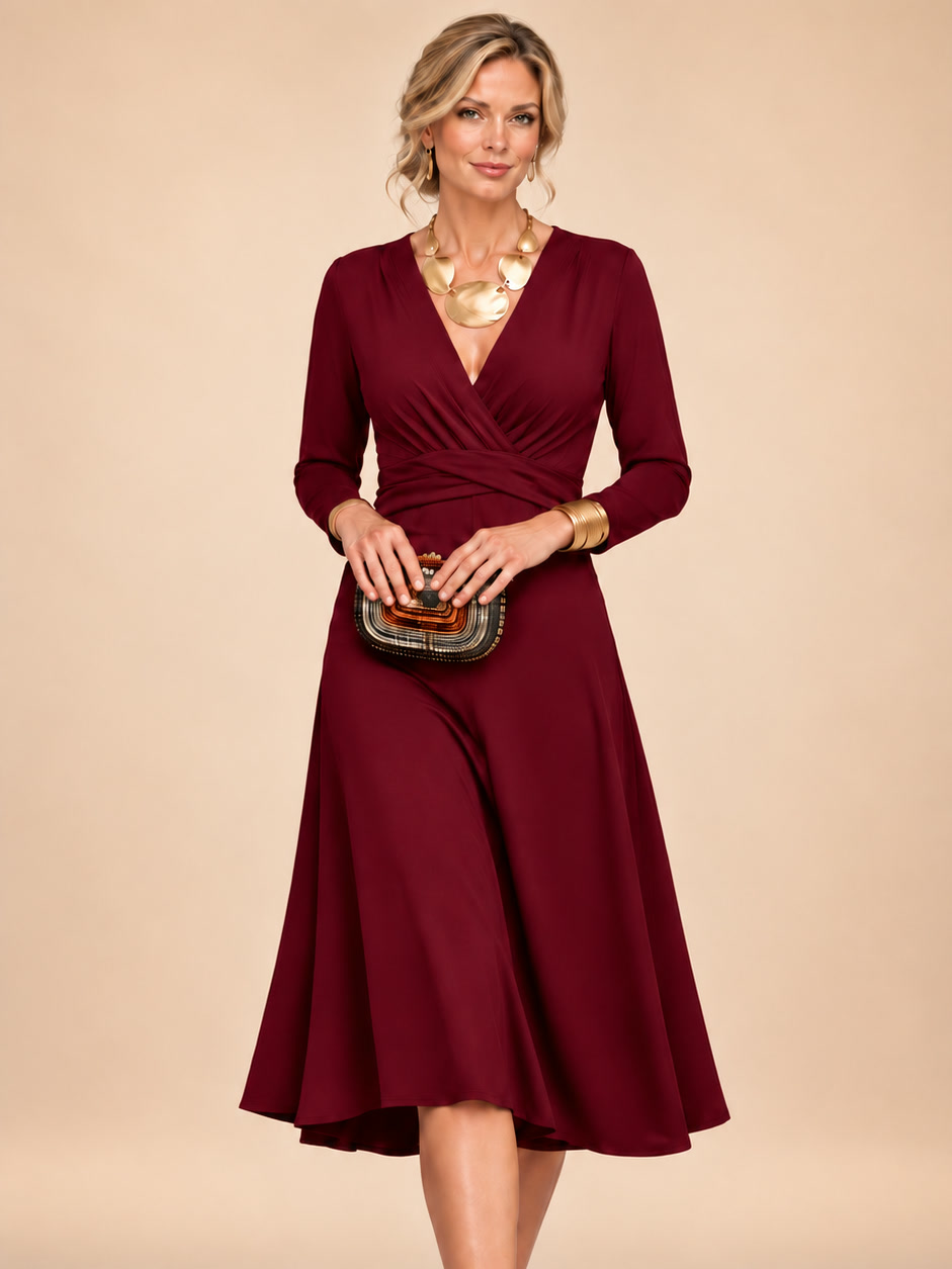 Fabrizia | Vestido Midi Cruzado de Manga Larga con Cintura Cruzada