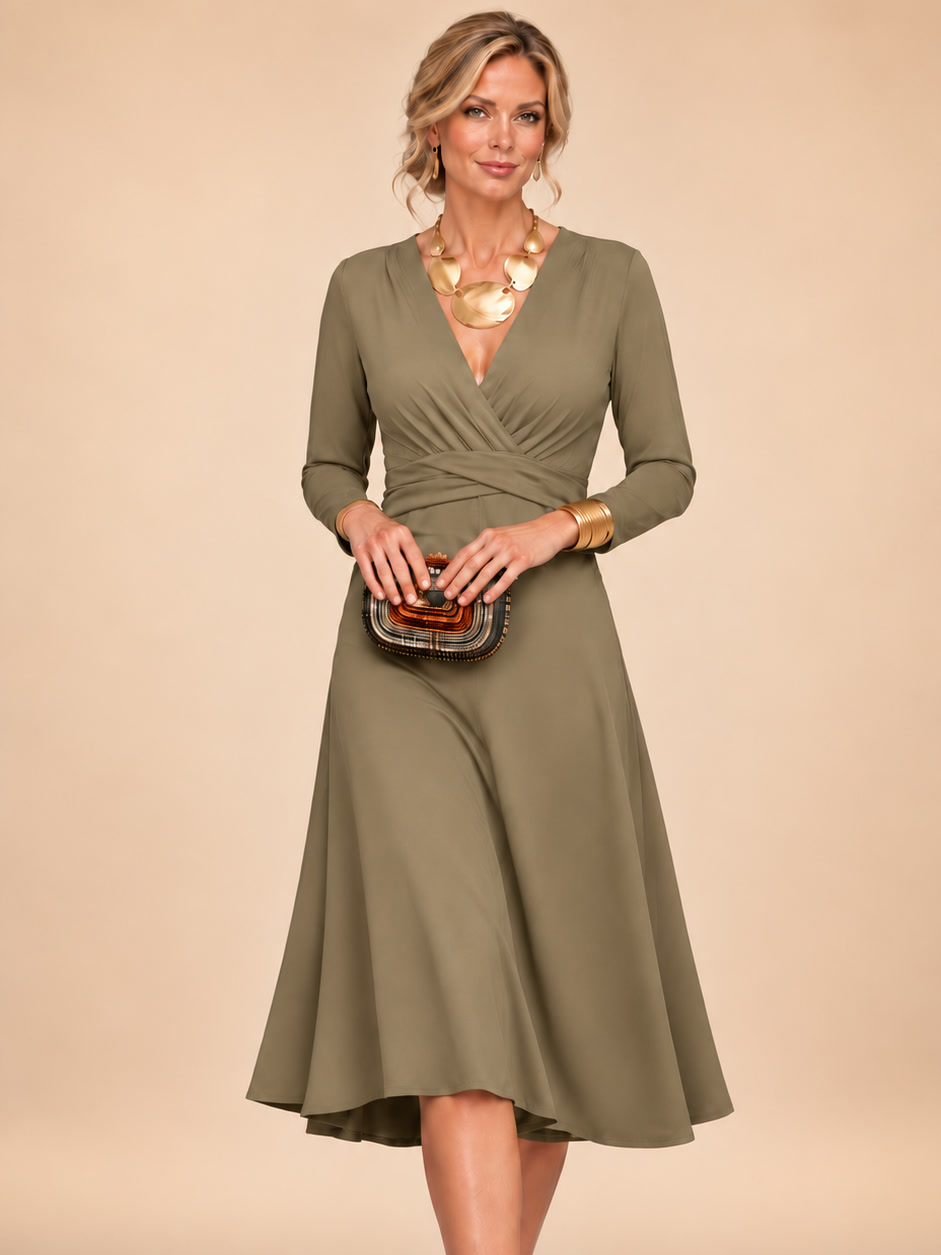 Fabrizia | Vestido Midi Cruzado de Manga Larga con Cintura Cruzada