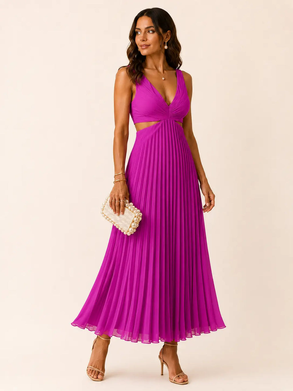 Cleo | Vestido largo plisado con escote en V y aberturas