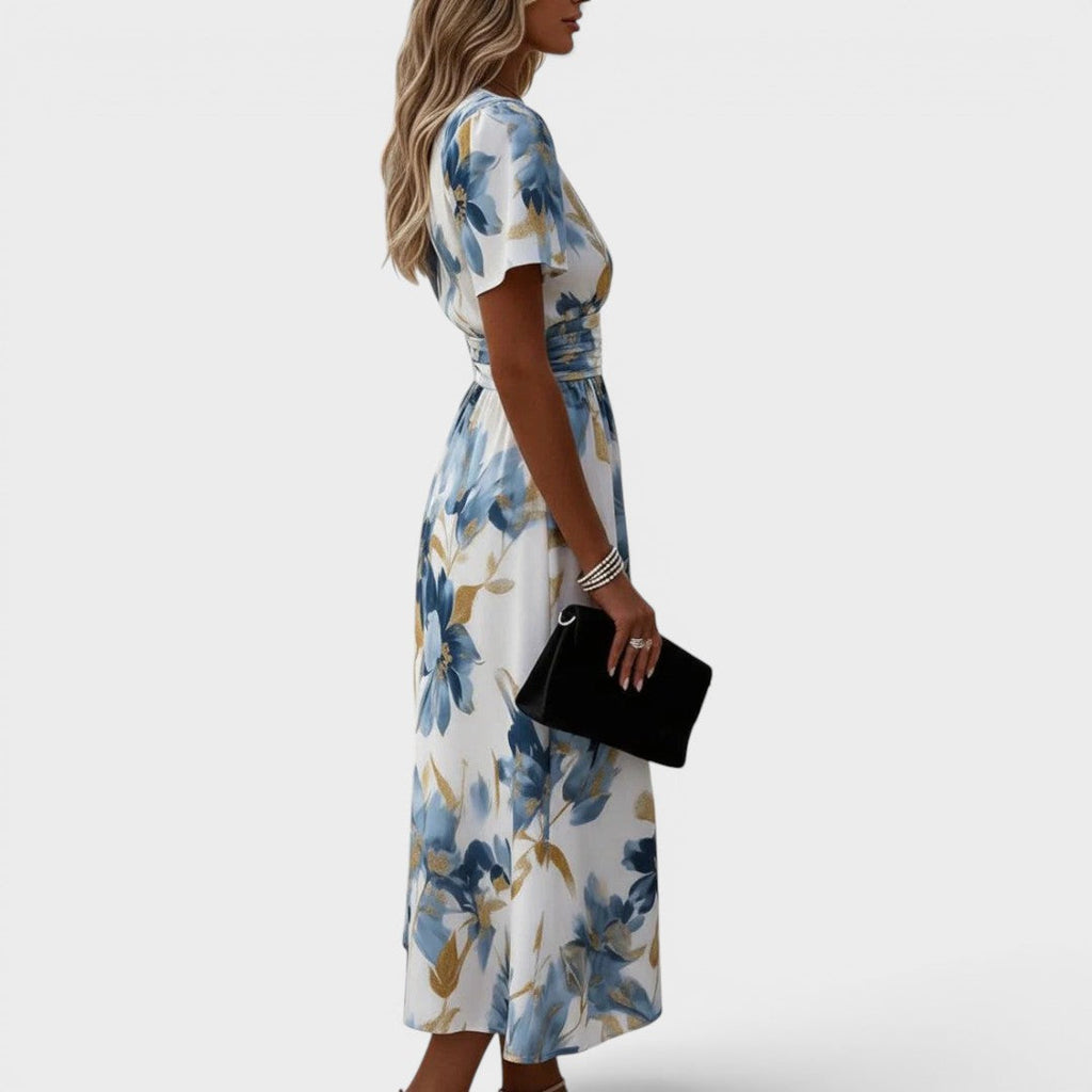 Eloísa | Vestido midi floral cruzado con detalles dorados