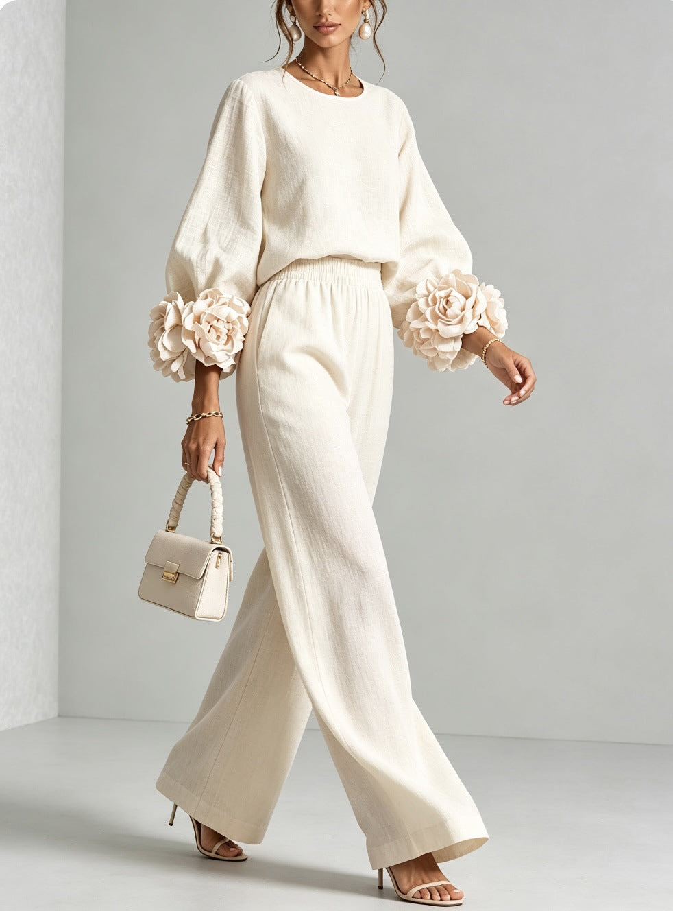 Rosalba | Conjunto de blusa con puños florales y pantalón de pierna ancha