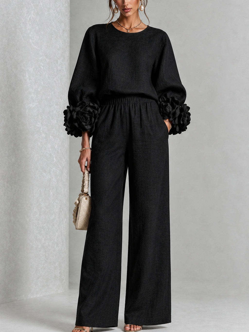 Rosalba | Conjunto de blusa con puños florales y pantalón de pierna ancha