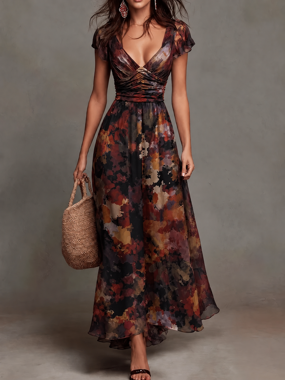 Carmela | Vestido largo floral tipo acuarela con corpiño plisado