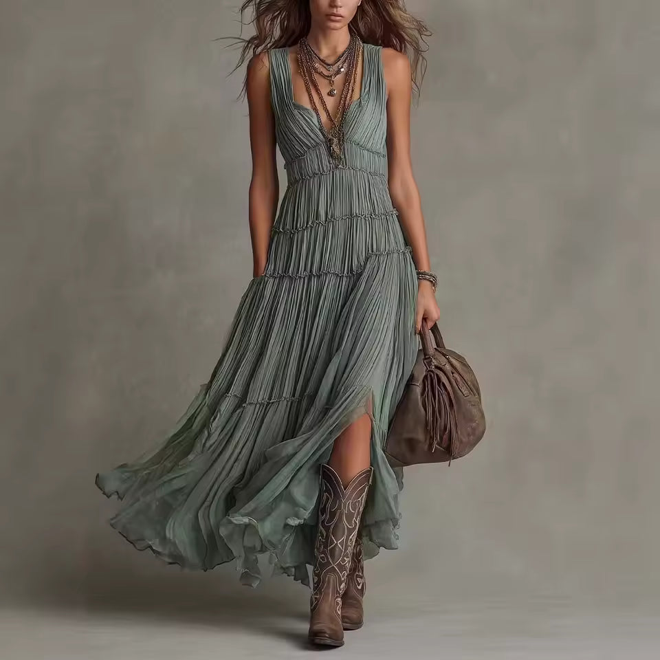Anabella | Vestido largo de chiffon con olanes escalonados