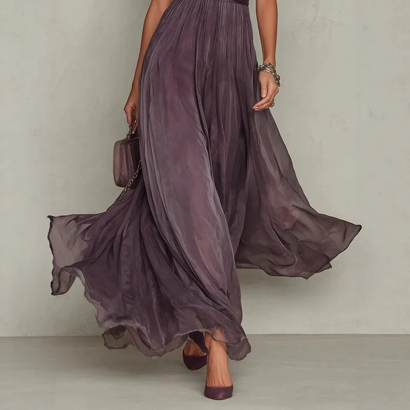Winifred | Vestido largo de chiffon con cuello alto y mangas abullonadas