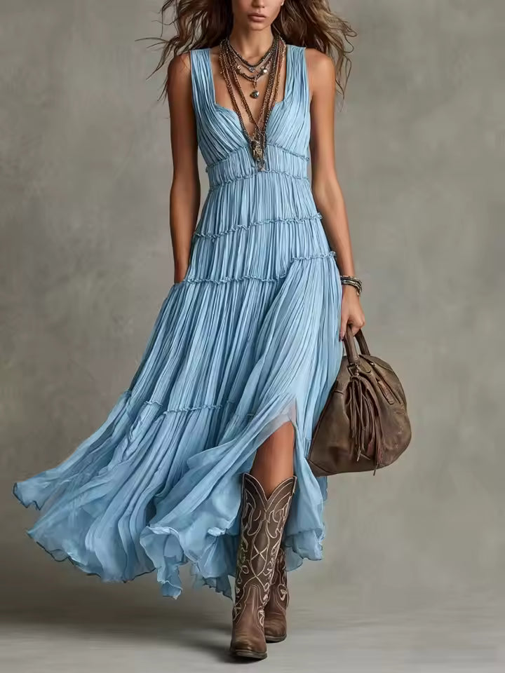 Anabella | Vestido largo de chiffon con olanes escalonados