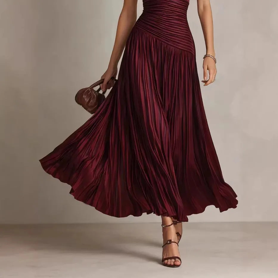 Cordelia | Vestido largo plisado con escote en V y espalda descubierta