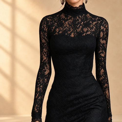 Arabella | Vestido de noche negro de encaje con cuello alto y manga larga