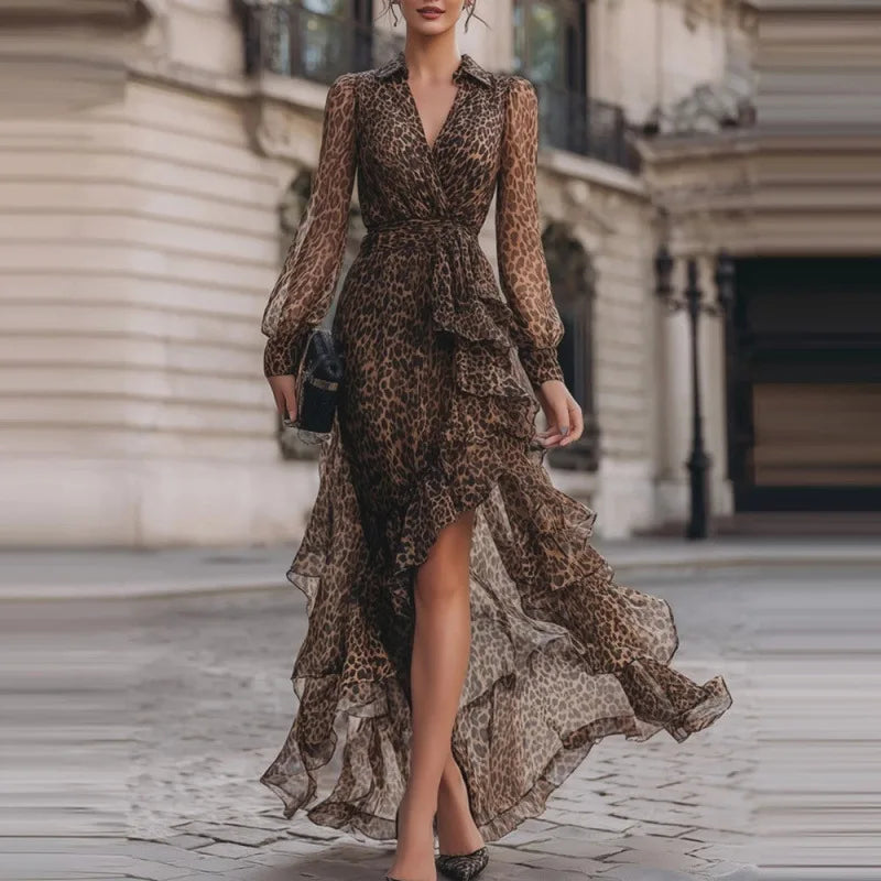 Savannah | Vestido largo animal print de leopardo con manga larga y talle alto