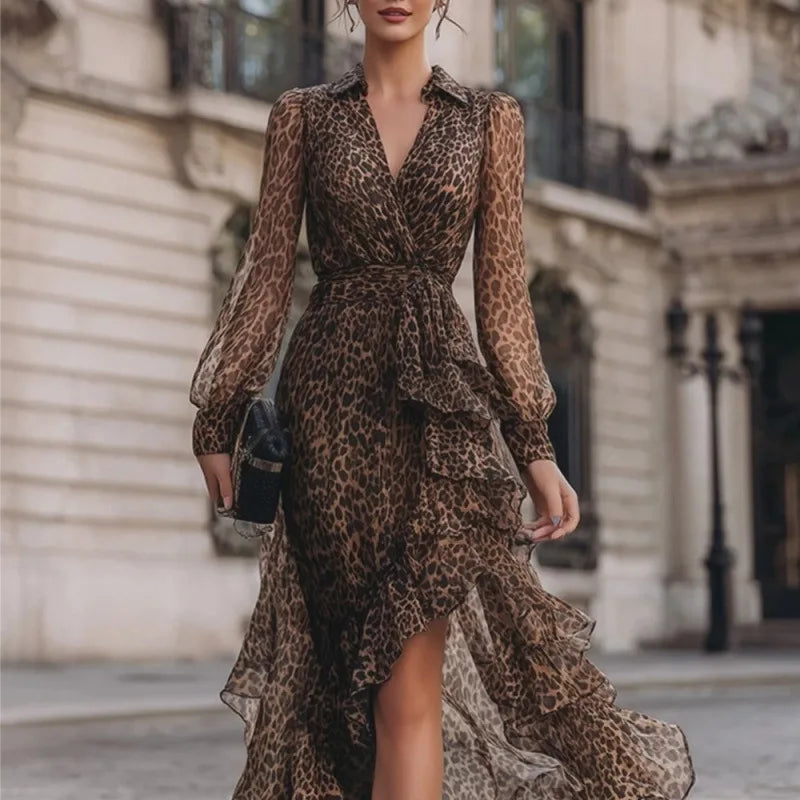 Savannah | Vestido largo animal print de leopardo con manga larga y talle alto