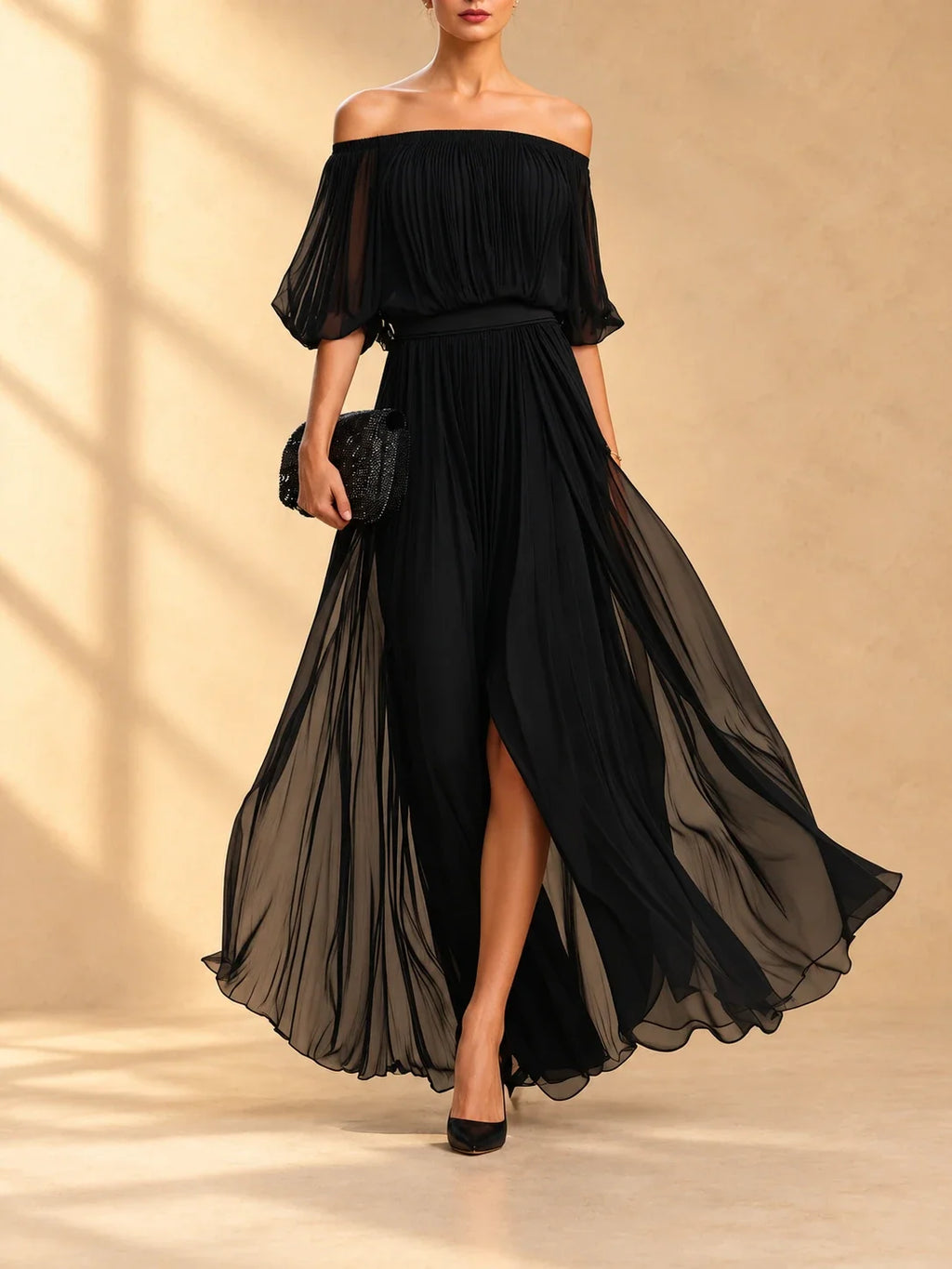 Genevieve | Vestido largo de chiffon con hombros descubiertos y falda vaporosa