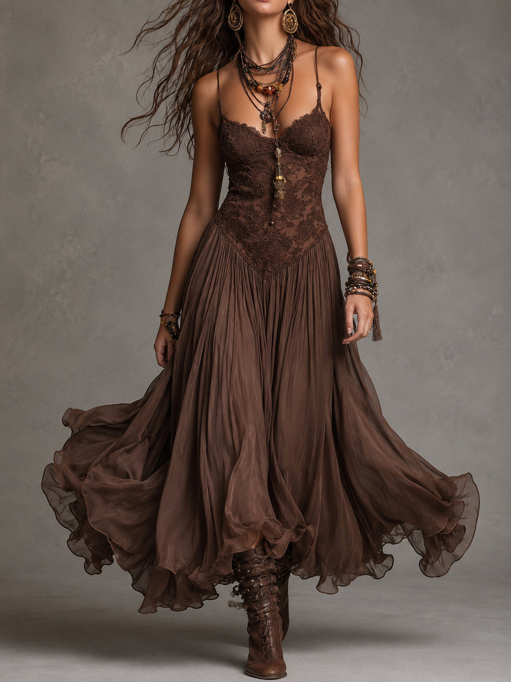 Federica | Vestido Maxi de Chifón y Encaje, Café