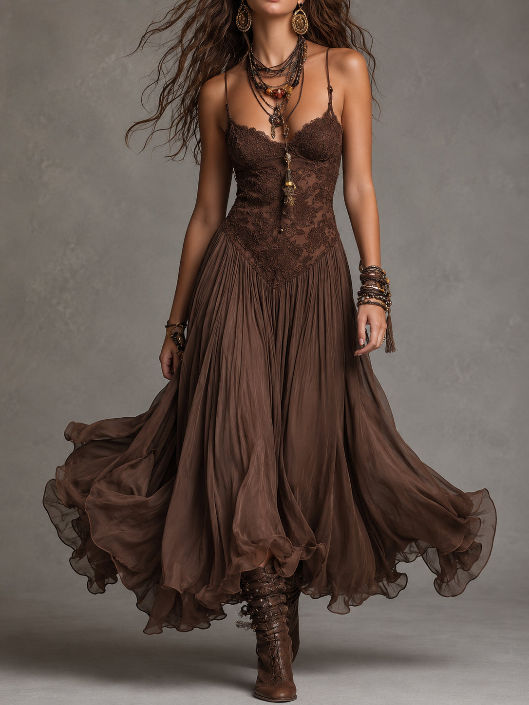 Federica | Vestido Maxi de Chifón y Encaje, Café