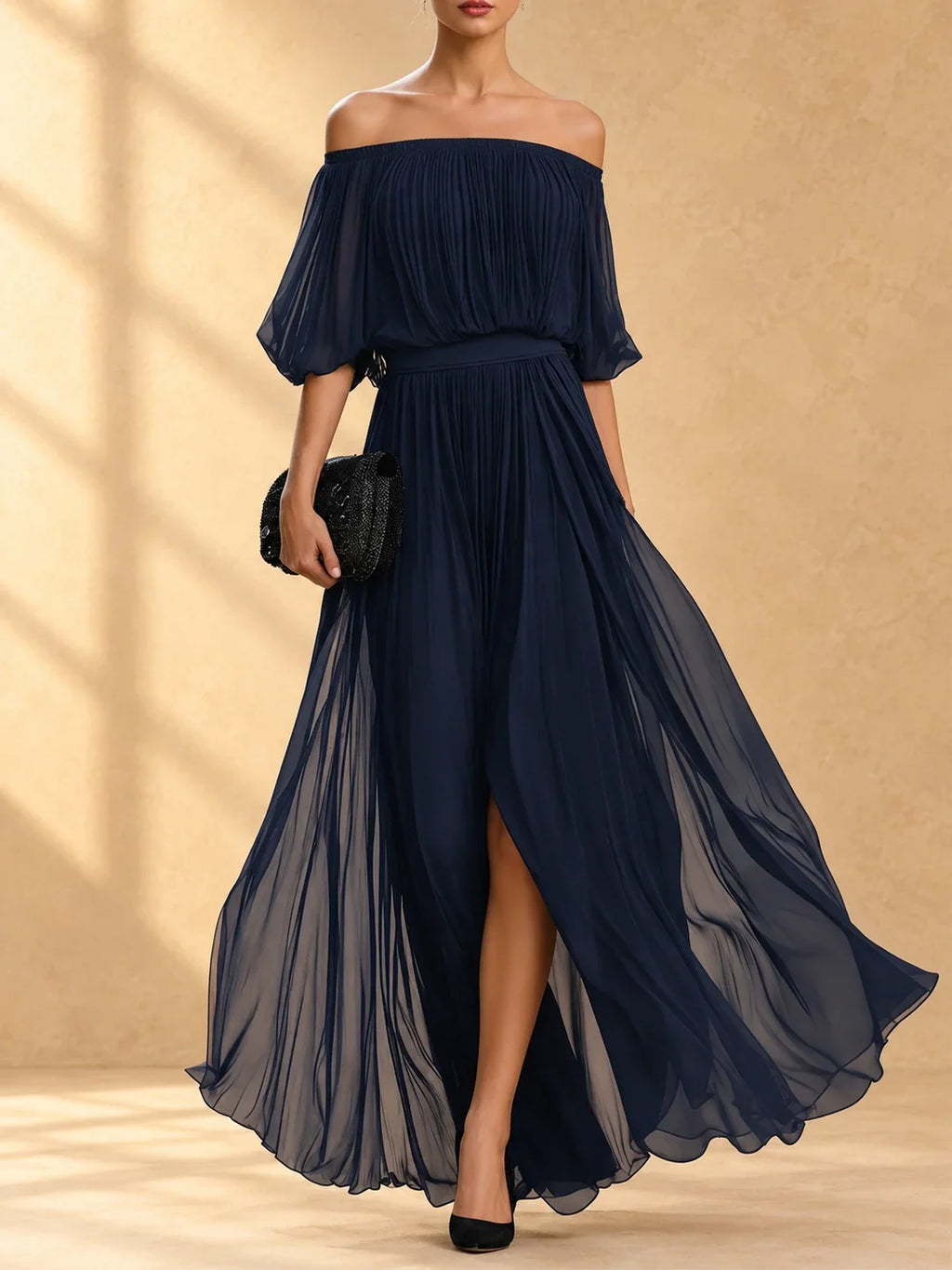 Genevieve | Vestido largo de chiffon con hombros descubiertos y falda vaporosa