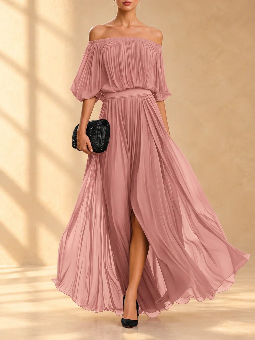 Genevieve | Vestido largo de chiffon con hombros descubiertos y falda vaporosa