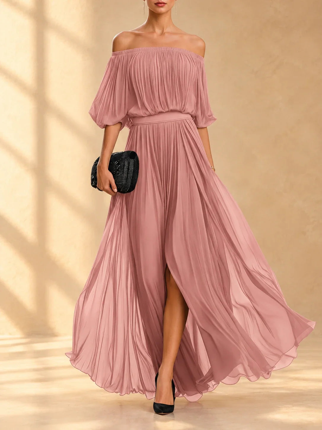 Genevieve | Vestido largo de chiffon con hombros descubiertos y falda vaporosa