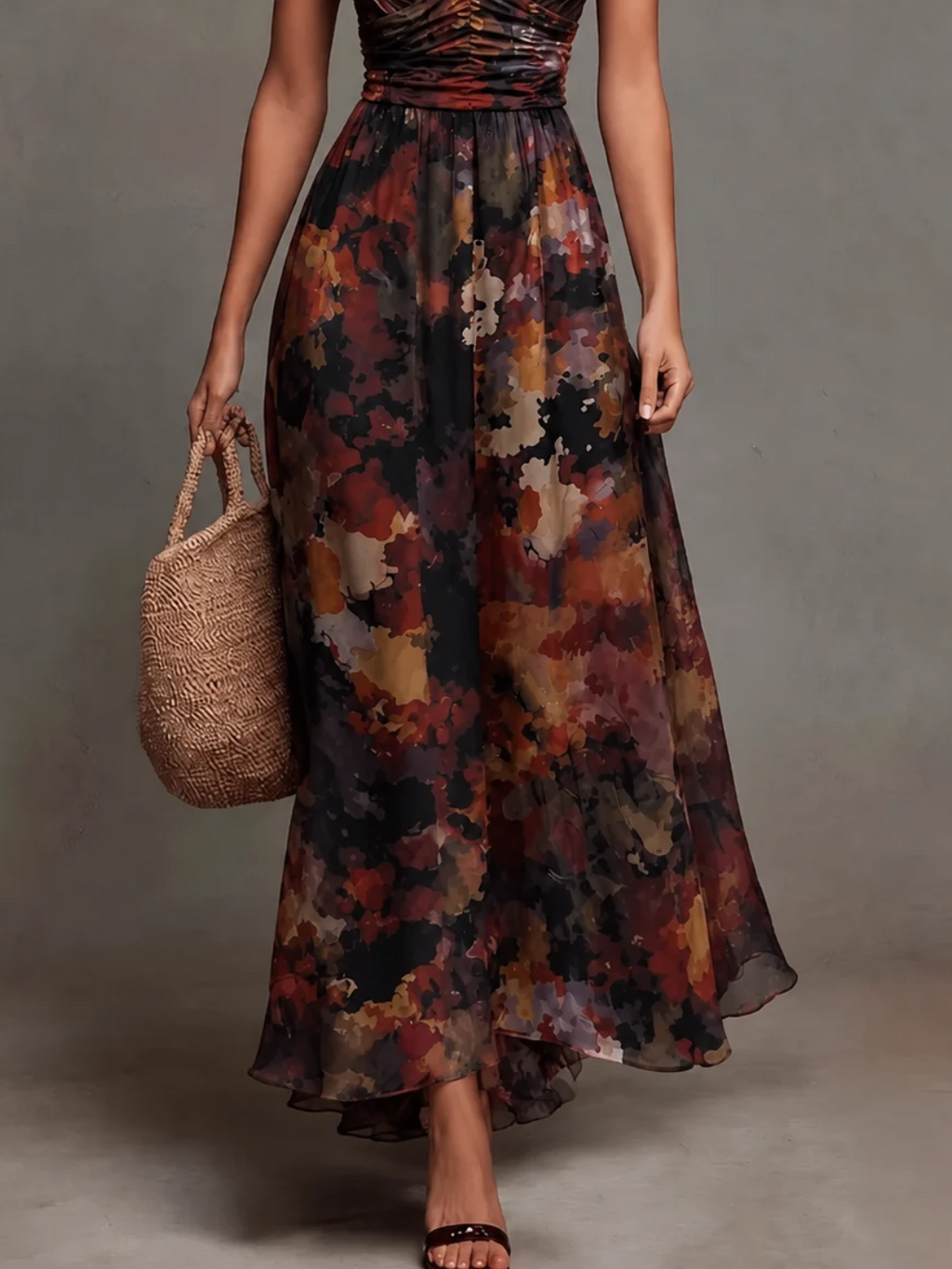 Carmela | Vestido largo floral tipo acuarela con corpiño plisado