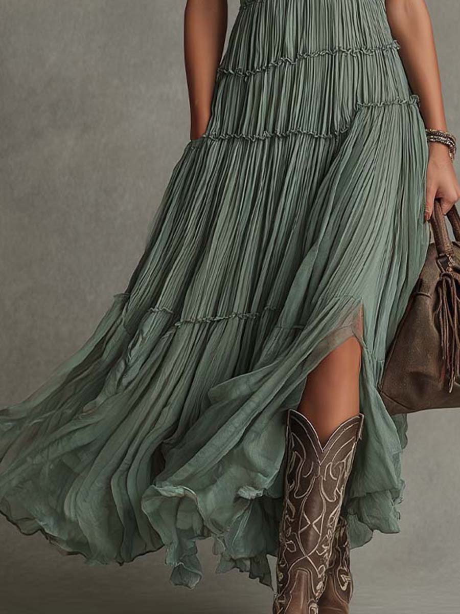 Avril | Vestido largo plisado con escote en V fruncido