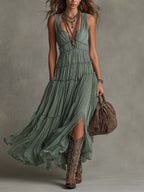 Avril | Vestido largo plisado con escote en V fruncido