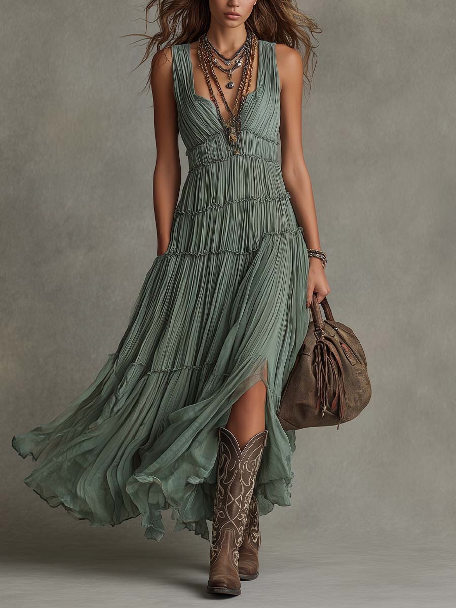 Avril | Vestido largo plisado con escote en V fruncido