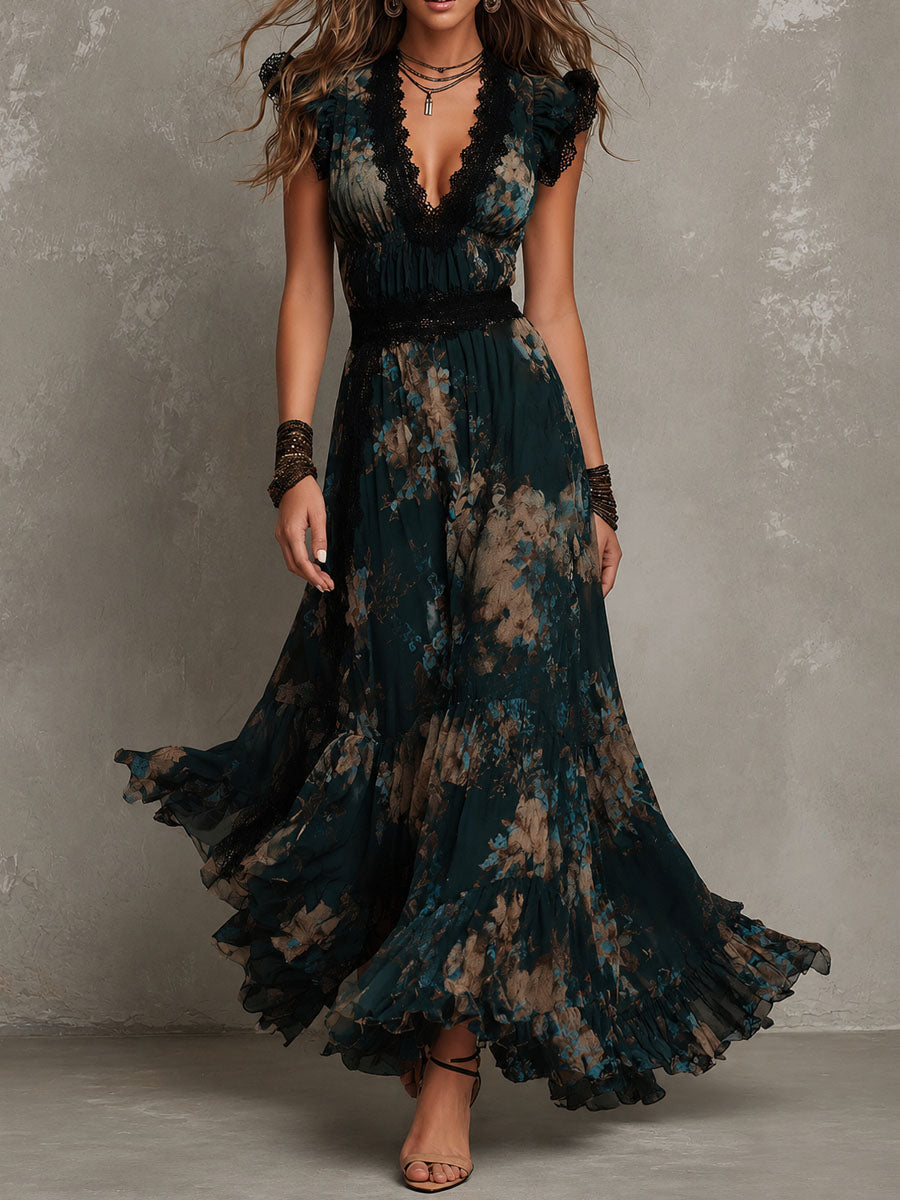 Gilda | Vestido largo floral escalonado con detalles de encaje