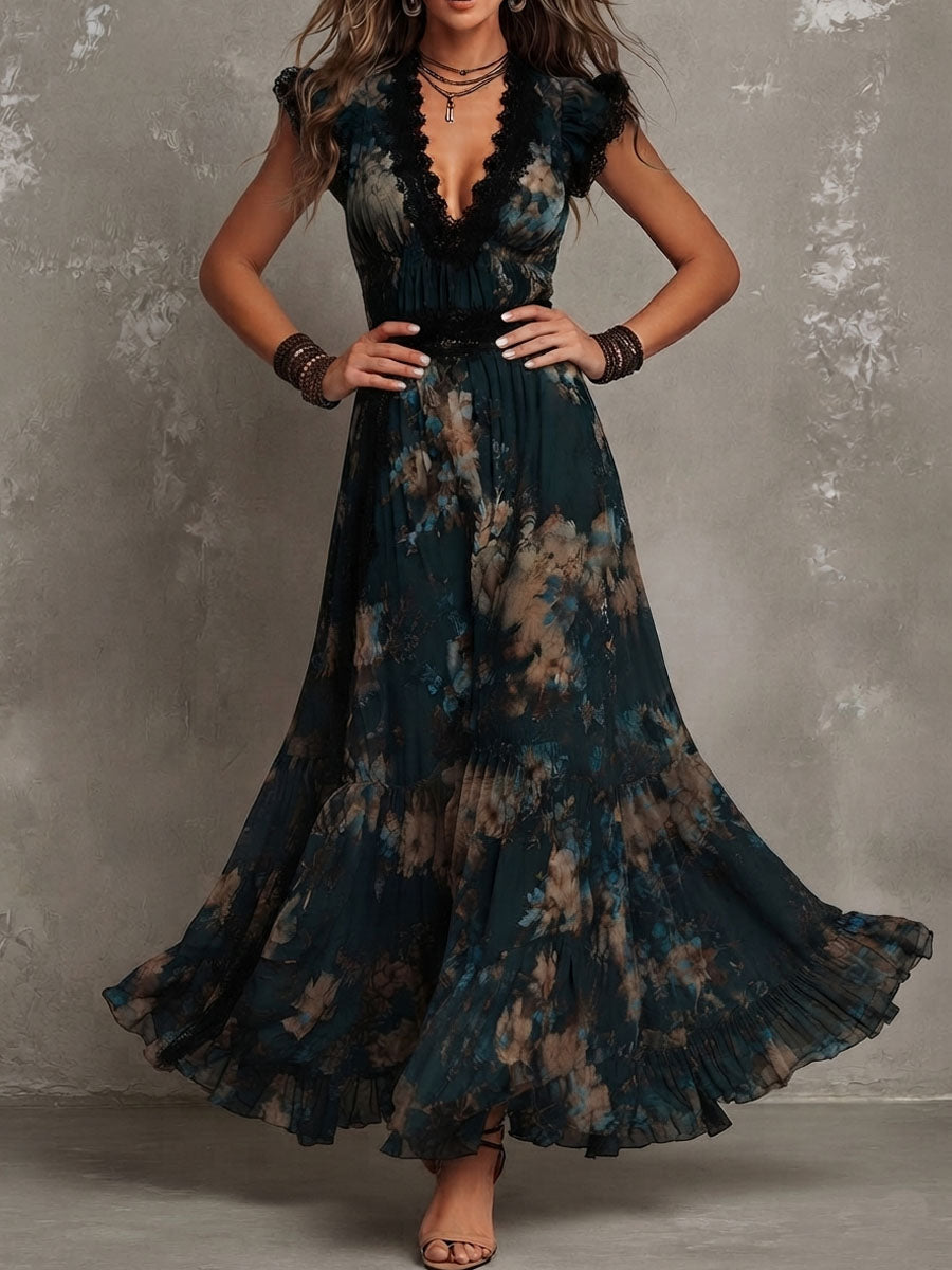 Gilda | Vestido largo floral escalonado con detalles de encaje