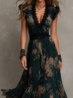Gilda | Vestido largo floral escalonado con detalles de encaje