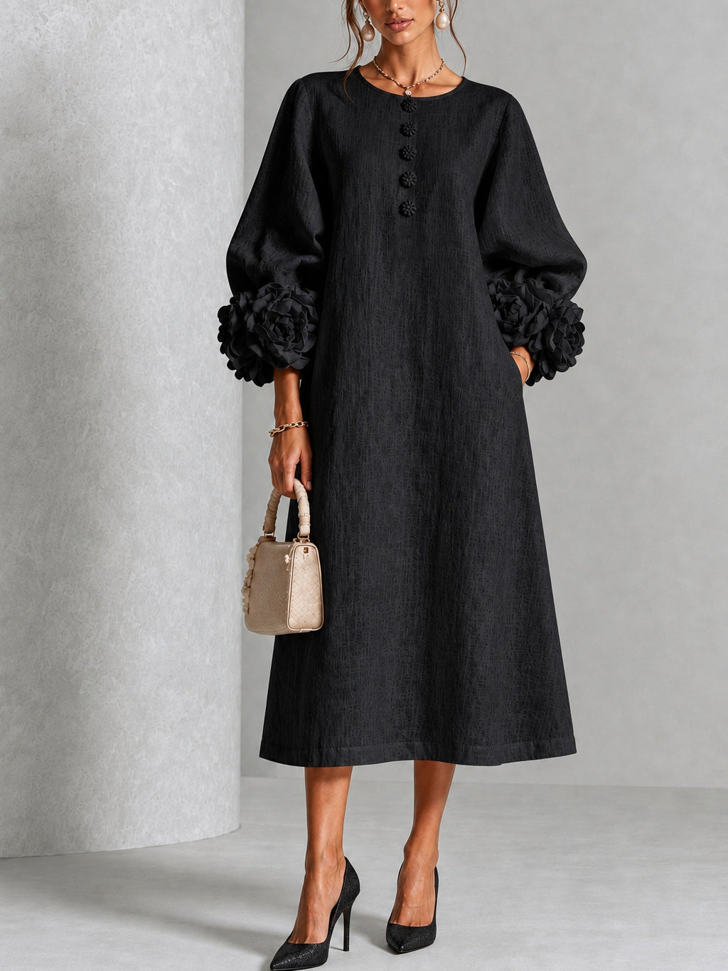 Diana | Vestido Midi de Mezcla de Lino con Puños en Forma de Rosa, Negro