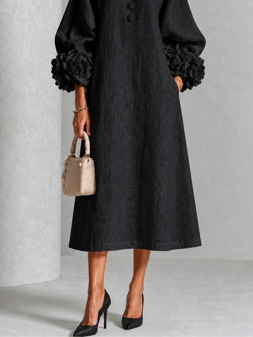 Diana | Vestido Midi de Mezcla de Lino con Puños en Forma de Rosa, Negro