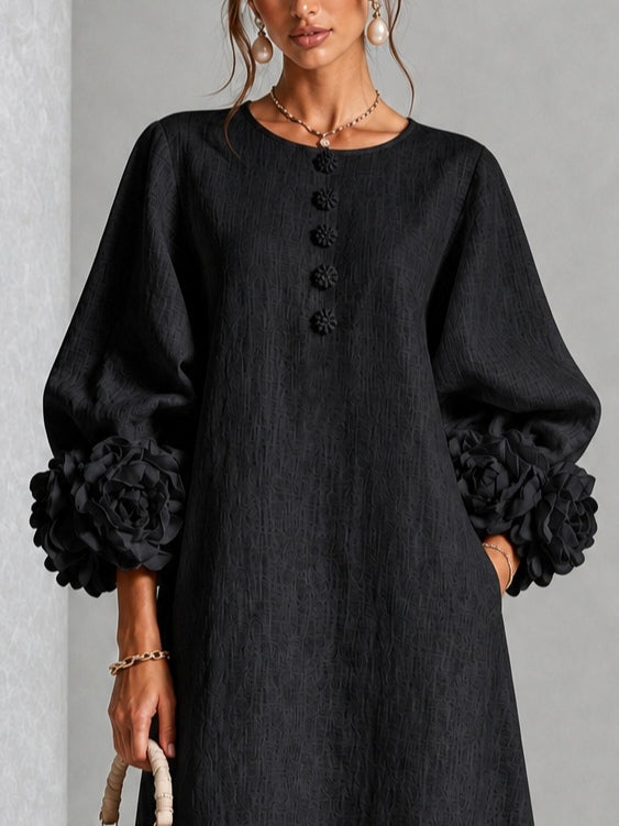 Diana | Vestido Midi de Mezcla de Lino con Puños en Forma de Rosa, Negro