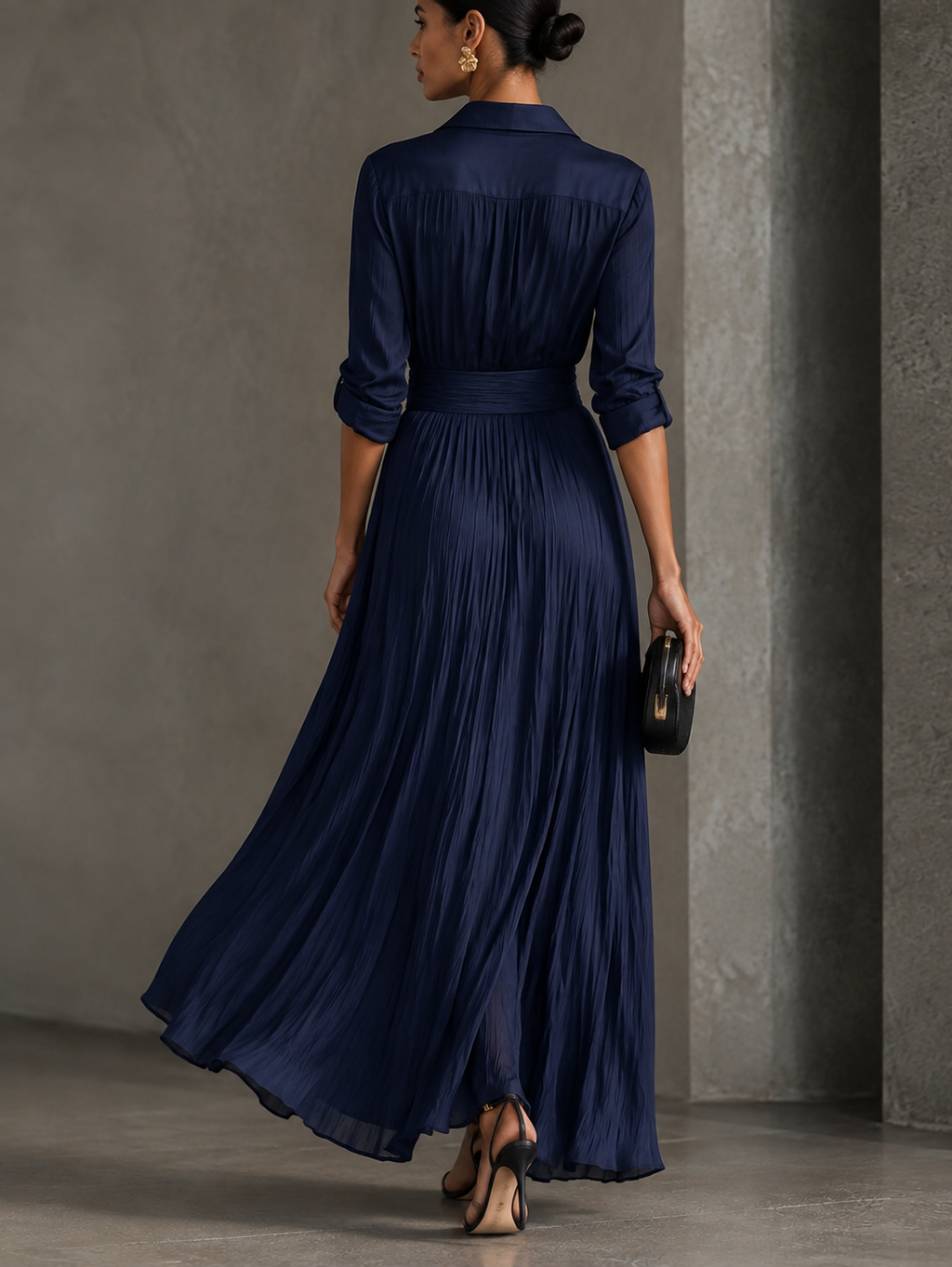 Allegra | Vestido Camisero Maxi con Nudo en la Cintura, Azul Marino